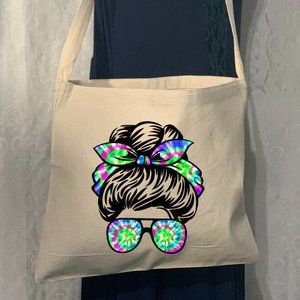 Tie Dye Mom Bun Crossbody Messenger Cotton Canvas Tote Bag with Long Strap
